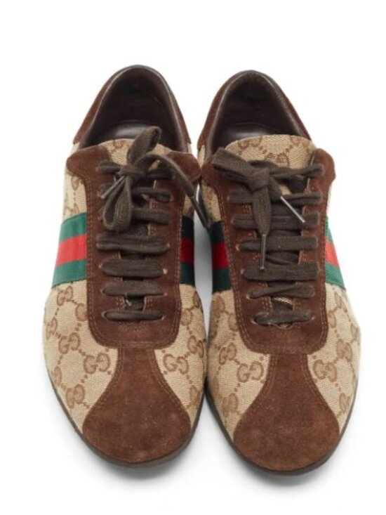 Gucci Shoes - Gucci Shoes Brown/Beige Guccissima Canvas Suede Web Low Top Sneakers Sz 9b